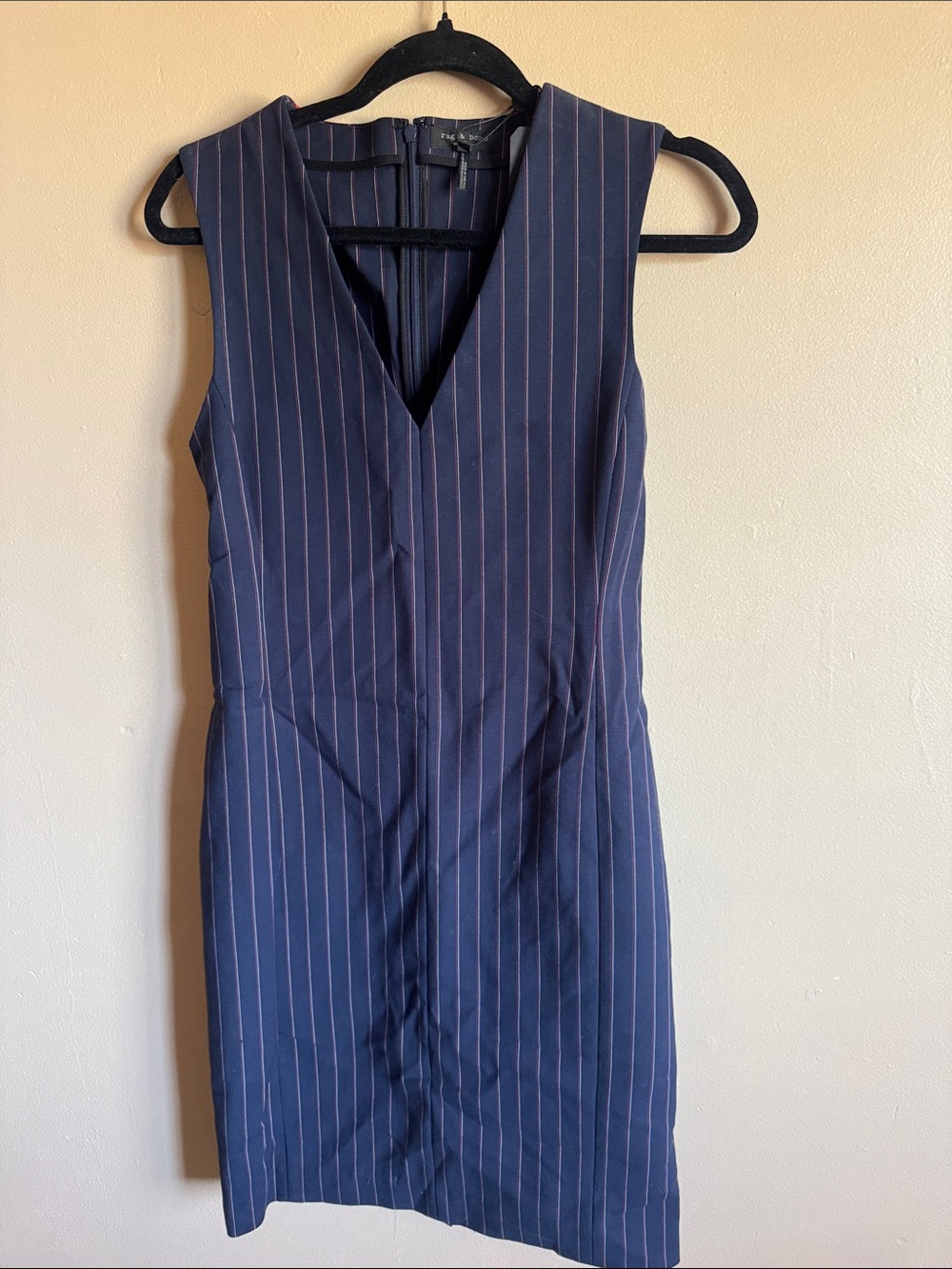 rag & bone Navy Pinstripe V‑Neck Midi Dress